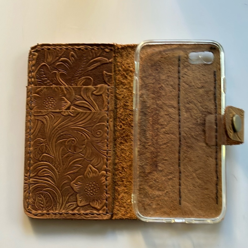 Tooled leather iPhone case for SE model.